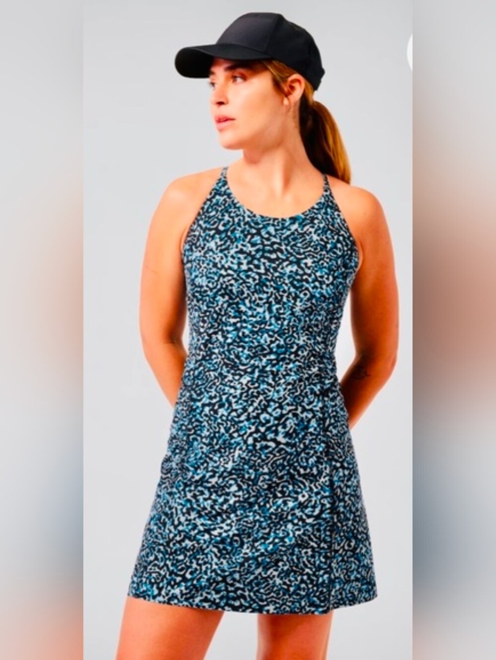Athleta Blue Patterned Racerback Infinity Dress EUC - Lined With Shorts
